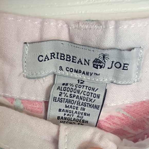 Caribbean Joe Pink and Green Leaf Print Women's Bermuda Shorts - Picture 2 of 2